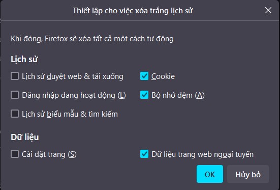 Tự động xóa lịch sử duyệt web ngay khi đóng với trình duyệt Firefox