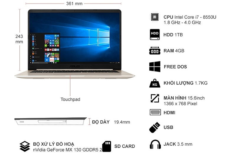 Laptop Asus dòng nào tốt - Laptop Asus A510UF-BR183T: hỗ trợ nhiều cổng kết nối