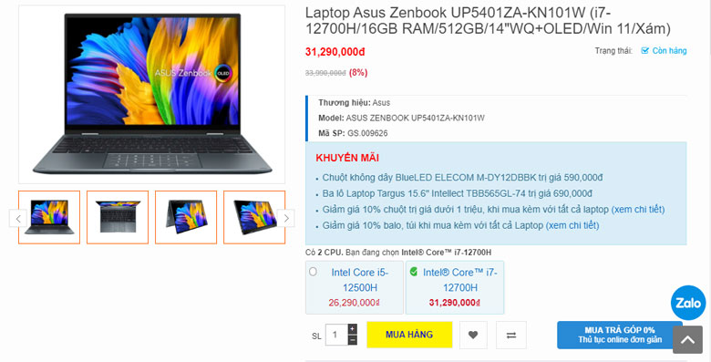 Laptop Asus Zenbook UP5401ZA-KN101W