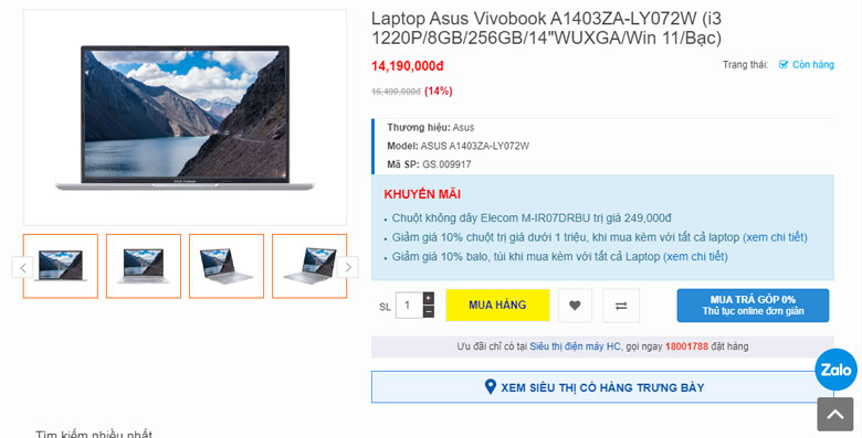 Laptop Asus Vivobook i3 A1403ZA-LY072W với các thông tin chính xác