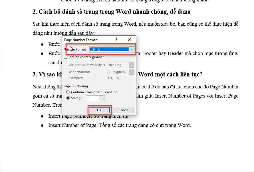 Đánh số trang dạng La Mã trong Word