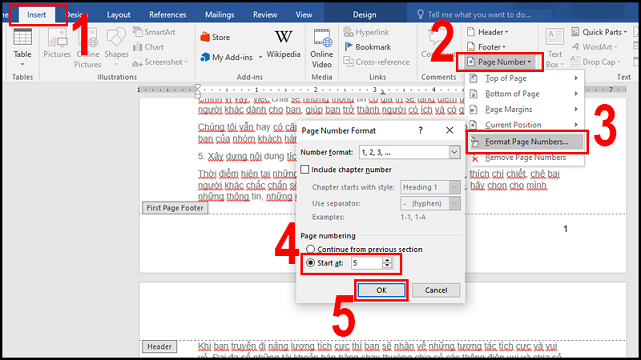 đánh số trang trong Word từ số lớn hơn 1, đánh số trang tùy chỉnh