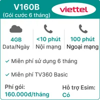 Sim Viettel V160B 4GB/Ngày - Gói cước 6 tháng