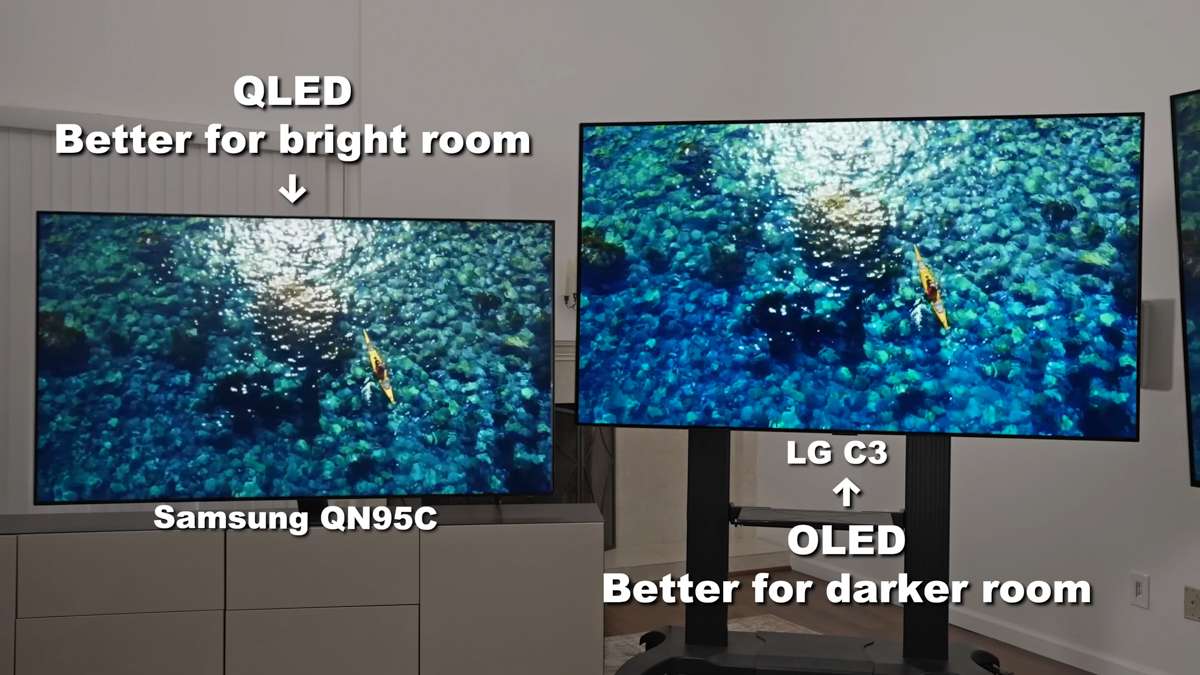 TV OLED (bên phải) cho ra hình ảnh sặc sỡ và độ chi tiết sắc nét hơn TV QLED (bên trái)