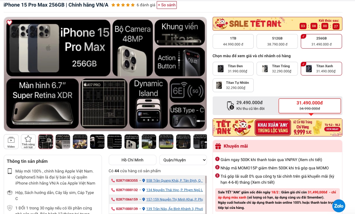 Giá iPhone 15 Pro Max chỉ còn từ 31.49 triệu đồng sau Tết