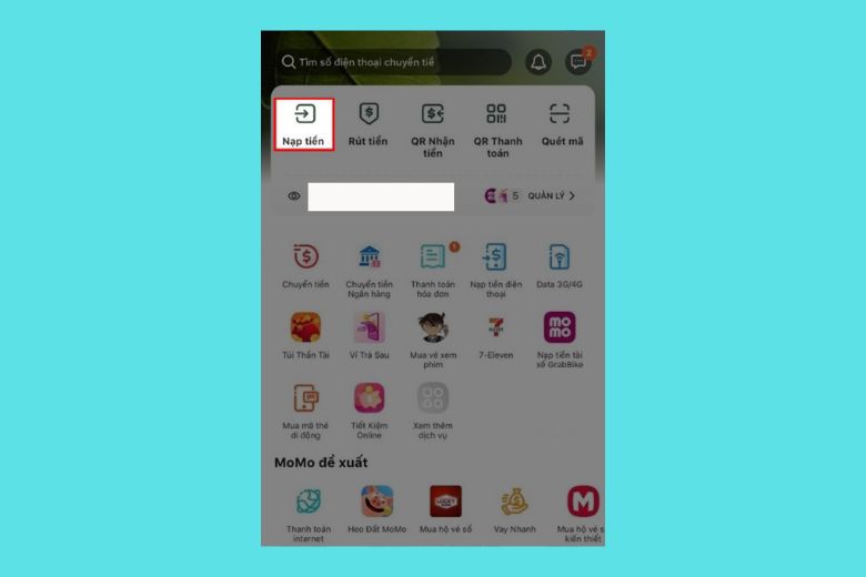 Tại giao diện chính, chọn tùy chọn "Nạp tiền" để tiếp tục quá trình chuyển tiền.