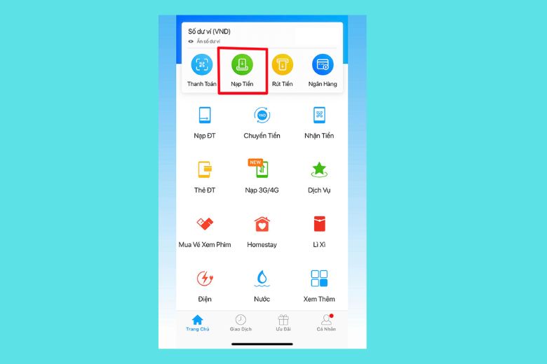 Trên giao diện chính, hãy chọn "Nạp/Rút tiền".