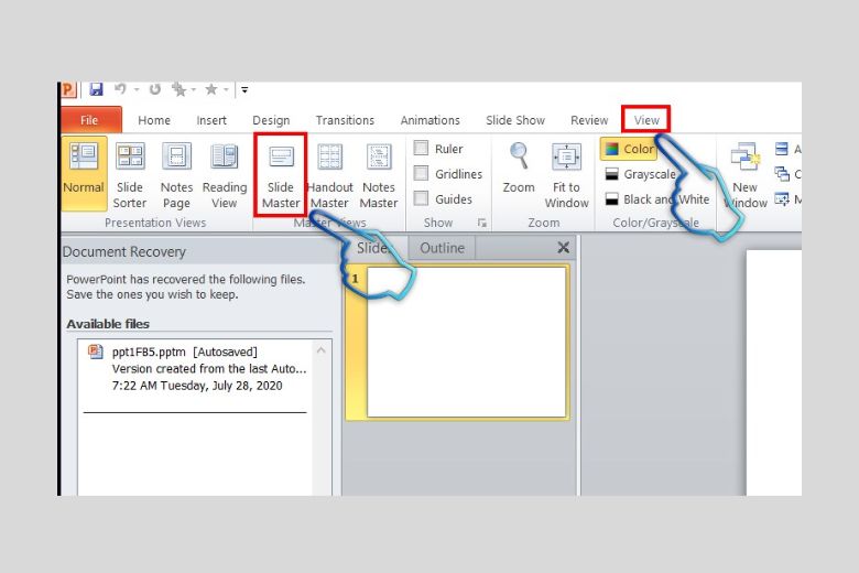 Để truy cập Slide Master, bạn có thể nhấp chuột vào tab View