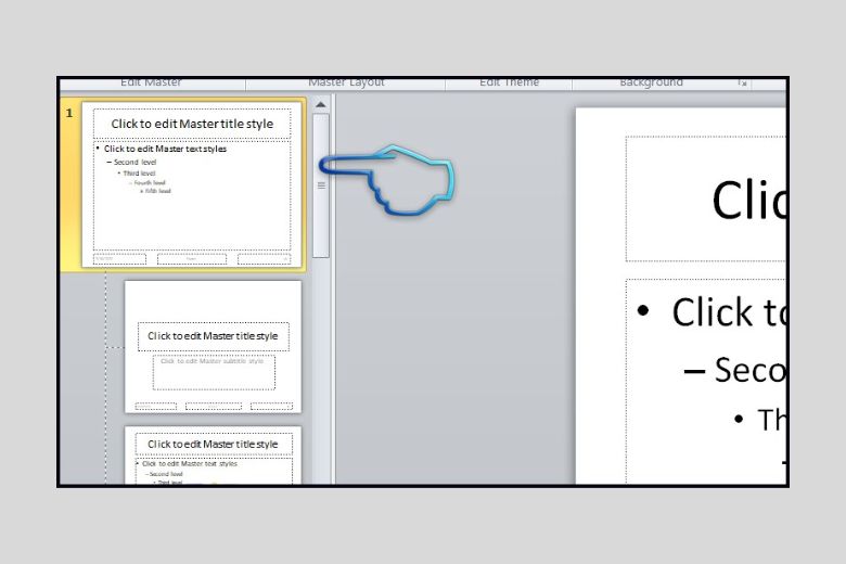 Trong phần Slide Master, bạn chọn slide đầu tiên để bắt đầu tạo mẫu slide cho bài thuyết trình của mình